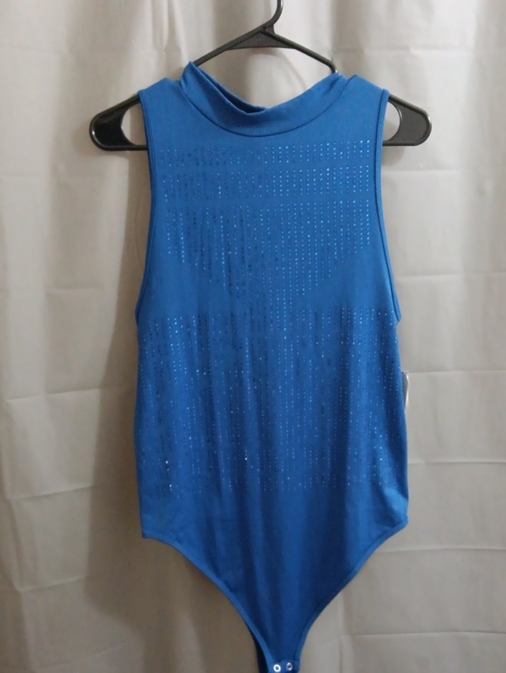 Eye Candy Sleeveless Blue Rhinestone Mock Neck Bodysuit